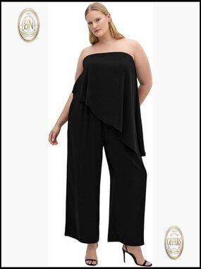Strapless Jumpsuit with Asymmetric Overlay, Elastic Waist, Floor Length